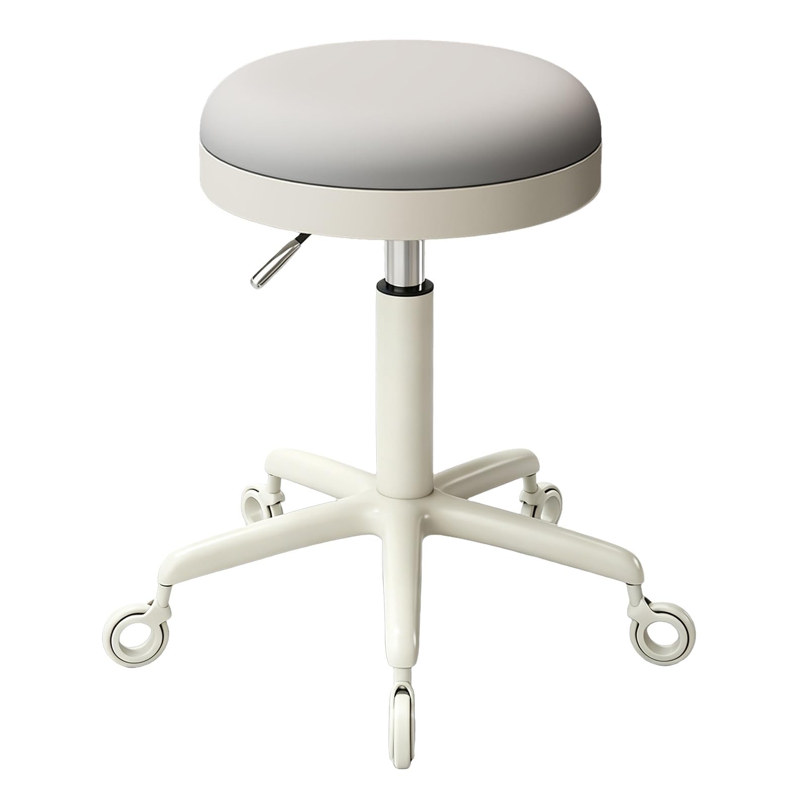 Taburete Giratorio Cocina con Ruedas Regulable en Altura 47-64cm Silla Alta | Taburete de Tocador Ergonomico Flexible Seating, Tapizado en Polipiel, Base Estable, para Peluquería Oficina Hogar(Silver)
