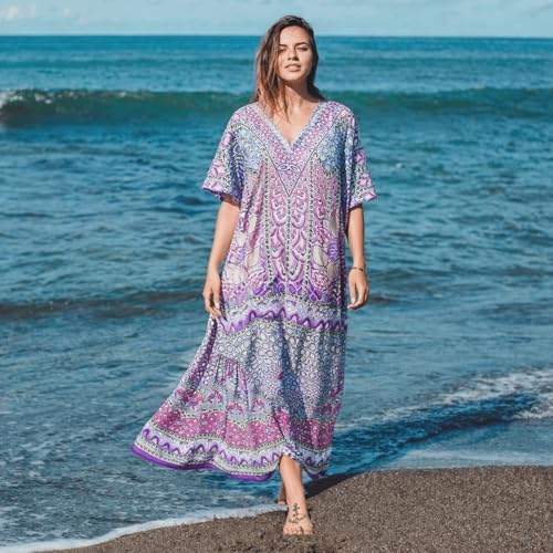 Image of Miss Lavish London Purple Ethnic Print Kaftan Dresses for Women V Neck Batwing Sleeve Beach Vacation Bikini Swimsuit Cover,Plus Size African&Dubai Caftan Maxi Beach Dress with Side Slits-Purple-S