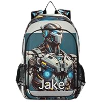 CHIFIGNO Monogram Backpack Kids Cool Robot Beige, Personalized Name Backpack Boys, Secure Front Pockets