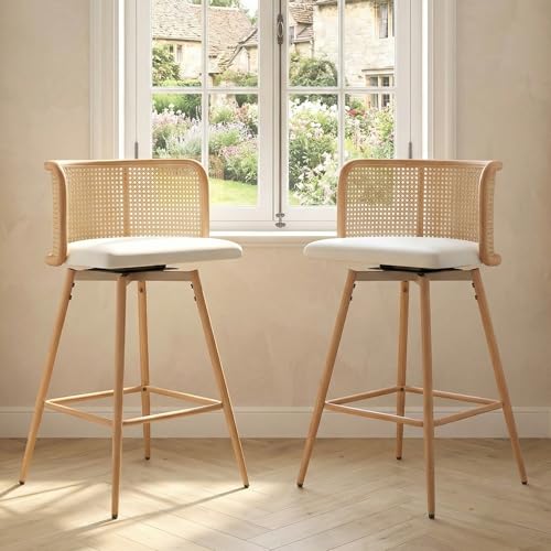 Image of 26 inch Swivel Rattan Bar Stools Set of 4, Counter Height Barstools, White | TYBOATLE, Farmhouse, Mid-Century Modern, Natural, Rattan Woven Back, Faux Leather Seat, Island, Kitchen