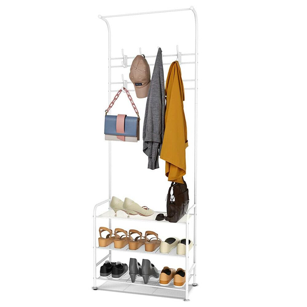 Heavy Duty Hat and Coat Rack with 3 Tiers Storage Shelves, 180cm Tall Clothes Rail Garment Rack Display Hanging Rail Clothing Stand Hanger 16 Hooks White