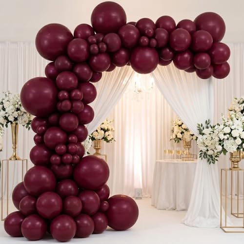 Image of 150PCS Burgundy Balloons Garland Arch Kit, Different Sizes (18 /12 /10 /5 Inch) Dark Red Maroon Matte Latex Balloon Set for Anniversary, Wedding, Birthday Party Decorations
