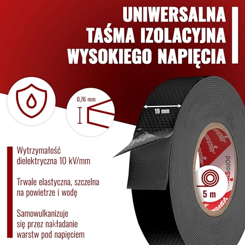 Poppstar samowulkanizująca taśma izolacyjna, uniwersalna, 5m x 19mm x 0,76mm, czarna, 2 rolki