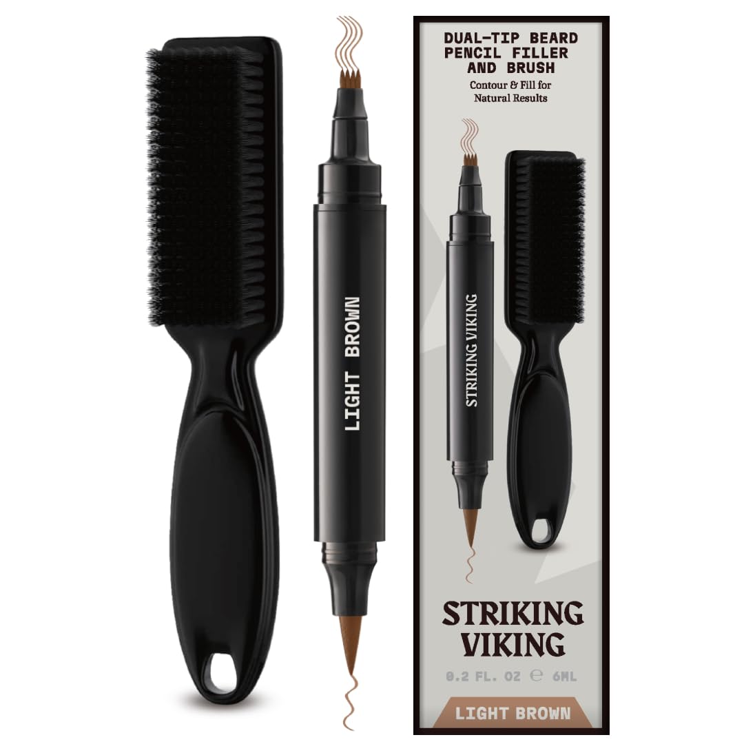 striking viking beard pencil filler for men - light brown, 1 pen 1 brush - temporary beard dye - waterproof sweatproof beard filler for men for gap contouring - enhances facial hair