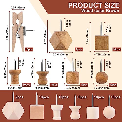 Image of Climberty 114Pcs Wood Push Pins with Storage Box, 3 Colors 7 Thumbtack Styles, Decorative Push Pins for Bulletin Board Cork Board Felt Board Push Pin Clip for Home, Office Accessories Stationery