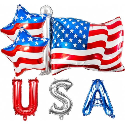 4th of July Decorations USA Letter Balloons Red Silver Blue - 28 American Flag Balloon and 18 Star Mylar Balloons for Patriotic Party Independence Day Memorial Day USA Banner Decor