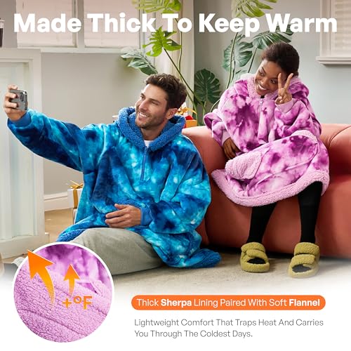 Image of Giggling Getup Wearable Blanket Hoodie for Adults Gifts for Teen Girls Sister Women Sherpa Fleece Printed Hooded Blanket Sweatshirt Warm Cozy with Pocket & Sleeves Purple Tie Dye