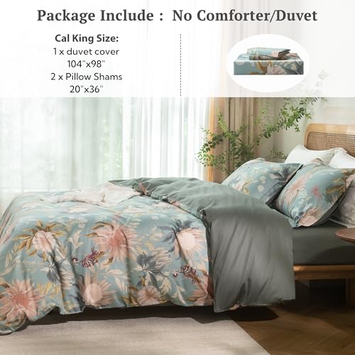 MILDLY Cal King Size Duvet Cover Set 100% Long-Staple Cotton Luxury Vintage Floral Patten Reversible Comforter Cover Set 3Pcs
