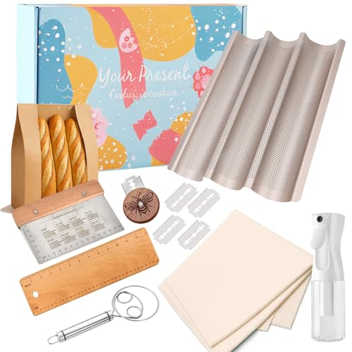 12 Sets Baguette Bread Pan, Gold French Baguette,Non-Stick Sourdough Baguette Bread Making Molds with Proofing Cloth,Used for Kitchen Bread Baking Kit