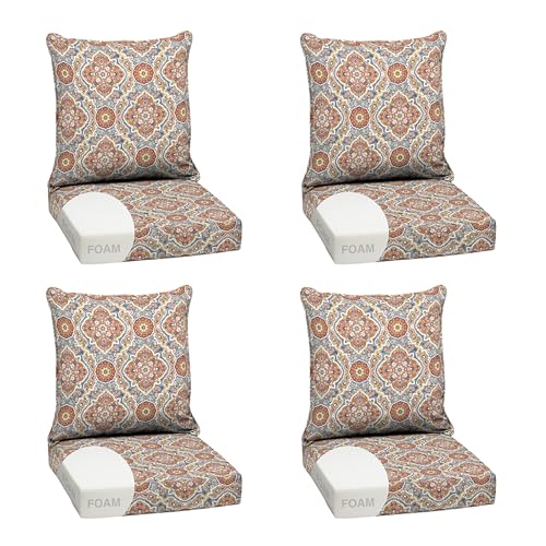 Image of Arden Outdoor Foam Deep Seat Cushion Set, 4-Pack, 24x24, Premium High-Density Foam, Never Flattens, Weather-Proof for Patio Chair Sofa Couch, Global Vintage Medallion