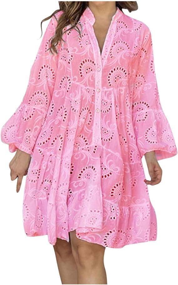 COALHO Women's Embroidery Lace Shirt Dress 2024 Loose Hollow Out Dress Summer Long Sleeve Button Down Short Dresses (Pink,M)