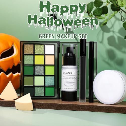 Image of UCANBE Halloween Makeup Kit - 15-Color Green Eyeshadow Palette, White Liquid Foundation, Black Liquid Lipstick & Eyeliner, Setting Powder & Sponges Makeup Set for SFX Cosplay Costume Witch Monster