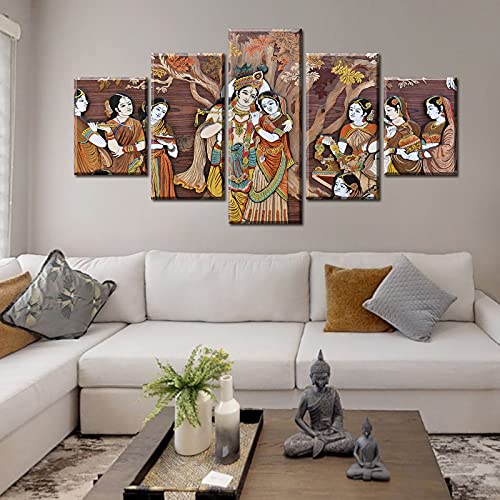 Djsylife Radha Krishna Wall Decor For Living Room Watercolor Indian God Canvas Print 5 Piece Vintage Artwork Framed 60" Wx32 H #TOP1
