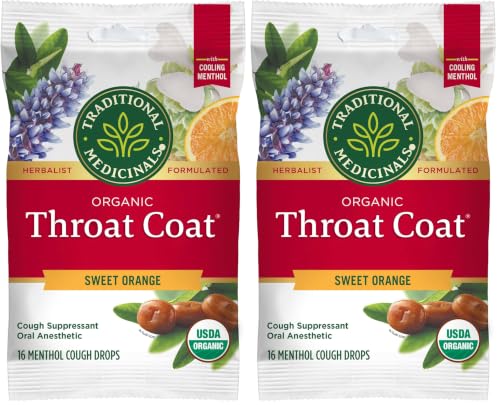 Image of Traditional Medicinals Throat Coat Organic Cough Drops, Sweet Orange Fennel with Menthol, Soothes Sore Throats & Relieves Coughs, 16 Count (Pack of 2)
