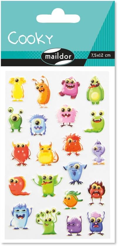 Maildor - Ref 560503C - Cooky Stickers (Single Sheet) - 7.5 x 12cm - Monsters Designs - Approximately 21 Stickers, 3D Stickers, Suitable for Children Aged 3+