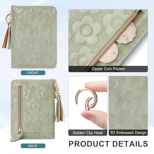 RFID Blocking Wallet Women Cute Embossed Floral Leather Credit Card Holder Wallet for Women with Tassel Accordion Purse Bifold Ladies Small Womens Wallets with Zipper Coin Pocket Green4