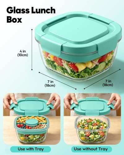 Image of Glass Salad Container,56oz Salad Bowl To Go for Lunch with Airtight Lid,Leak-Proof Sauce Container,4-Compartment Bento Tray & Reusable Fork - BPA-Free Glass Lunch Box for Meal Prep,Office(Green)