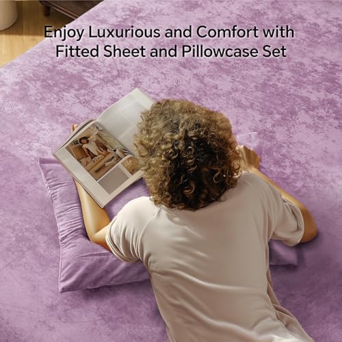 BEDELITE Velvet Fitted Sheet and Pillowcases Set, Luxury Soft Fuzzy Bottom Sheet with Reinforced Elastic Corner Straps, Deep Pocket up to 15 Inch, 1 Fitted Sheet and 2 Pillowcases (Queen, Lavender)