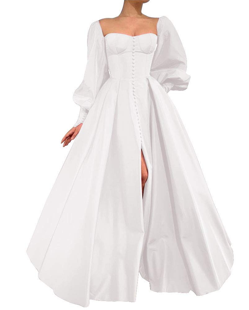 Puffy Sleeve Prom Dresses Long Ball Gowns for Women Satin Sweetheart Slit Princess Evening Gown