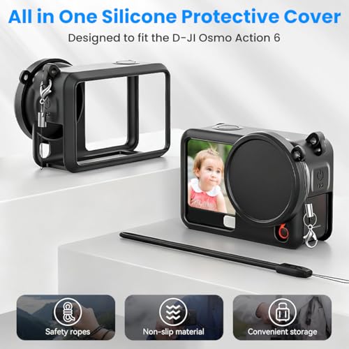 Image of ZORBES Compatible with D-JI Osmo Action 6, Action Camera Silicone Cover Protective Skin Cover with Detachable Lens Cover, Silicone Wrist Lanyard, Anti-Scratch Action Camera Accessories