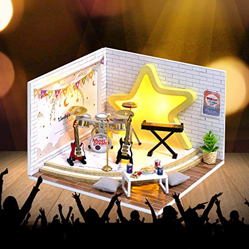Doll House Miniature Dollhouse Kit DIY Wooden Dollhouse Accessories with Musical Instrument Toy Plus Dust Proof Cover Model House Assembled Cabin Handcrafts Educational Toys for Kids Teens Adults - Thumbnail 3