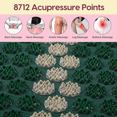 Image of WiseLife Acupressure Mat & Pillow Set with Bag | Acupuncture Mat for Neck & Back Pain Relief | Muscle Relaxation & Stress Relief | Sciatica Pain Support Large 71x44 cm (Dark Green)