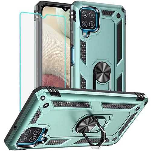 Coque Samsung A12 avec protège-écran HD et anneau de support antichoc couleur vert foncé