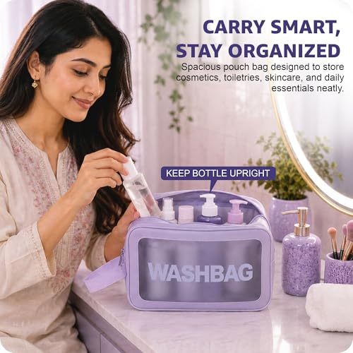 Image of FLYNGO Clear Makeup Pouch Set, Cosmetic Organizer Bag for Women and Girls Travel Waterproof Toiletry Storage Kit (Set of 3 Purple)