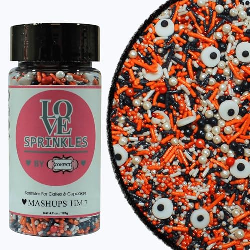 Image of Confect Halloween Sprinkles Mix - Orange, White & Black Disco Balls and Jimmies with Edible Candy Eyes - Scary Sprinkles for Cake, Cupcake & Cookie Decoration - Mischievous Masquerade Theme- 4.2 Oz