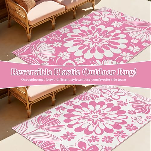 Ileading Outdoor Patio Rug, Pink Floral Reversible Outdoor Rug, Waterproof Plastic Straw Mat, Portable Outside Deck Area Rug, Camping RV Carpet for Porch Balcony (5×8 ft) - Image 4