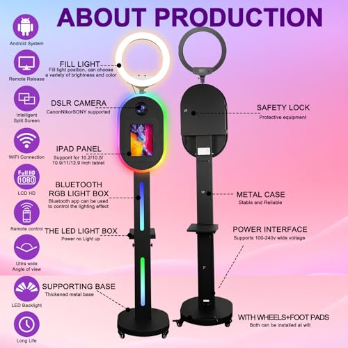 Image of Photo Booth for iPad 10.2 inch 10.5 inch 10.9 inch 11 inch 12.9 inch 13 inch for Camera Dualuse Photobooth Machine Selfie Station Stand APP Control RGB Light Music Sync Light Box with Honeycomb Boxes for Rental