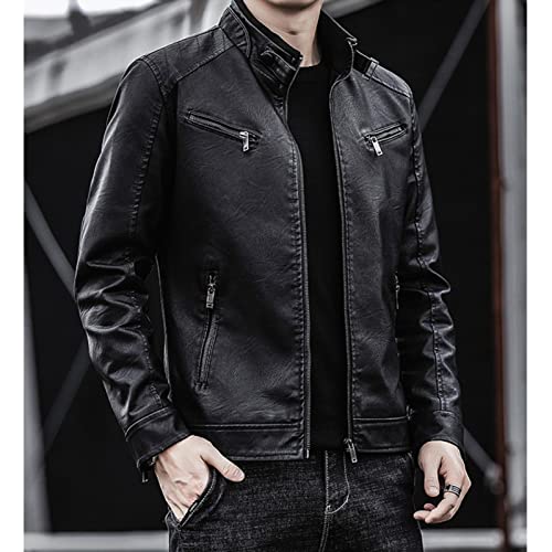 JEsilunmaMY Slim Short Leather Jacket for Men Zip Up Stand Collar Long Sleeve Biker Coat Casual Fall Motorcycle Bomber Jacket2