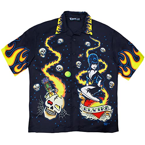 kreepsville 666 Elvira Mistress of The Dark Retro Flames Tattoo Skull Sublimated Button Down Collared Short Sleeve Shirt3