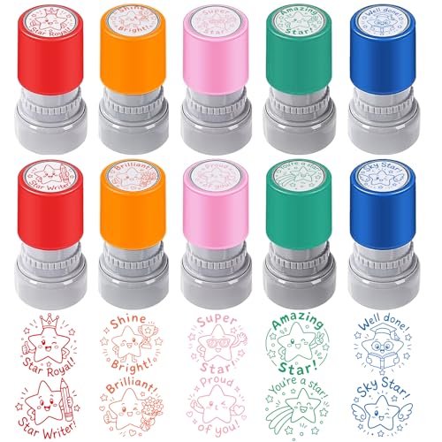 twinklemon 10PCS Teacher Stamps Self Inking for Classroom Rubber Stamp for Grading Homework Behavior Stamp for Office Stationery Encouraging Comments (Star Stamps)