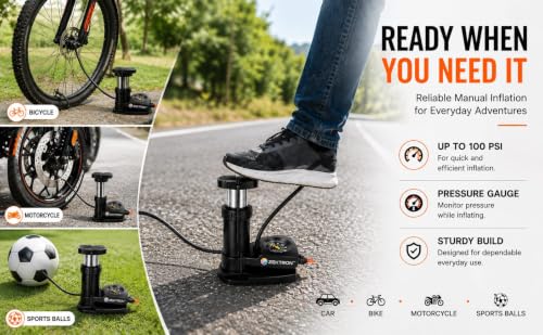 Image of ZEKTRON Foot Pump for Car & Bike Tyres | 160 PSI High Pressure Portable Air Pump with Pressure Gauge | Dual Valve Heavy Duty Floor Inflator for Bicycle, Motorcycle, Football & Sports Balls