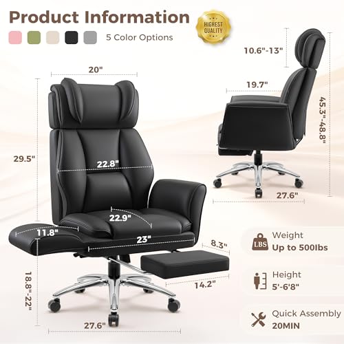 Image of Big and Tall Office Chair, Flip Armrests for Pets & Cross Legged Sitting, Ergonomic Leather Executive Desk Chair with Foot Rest, High-Back Reclining Computer Chairs for Home Office Gaming, Black