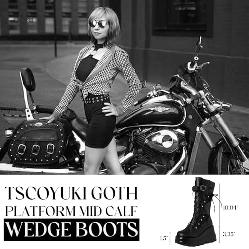 Tscoyuki Womens Goth Platform Boots Chunky Wedge Heel Rave Combat Boots Lace Up and Zipper Round Toe Mid Calf Boot for Concert Festival4