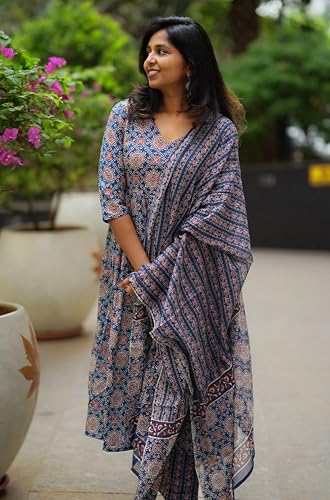Image of Nermosa Women Printed Cotton Anarkali Kurta and Pant with Dupatta | Printed Kurta Set | Cotton Kurta Set | Summer Office Wear |