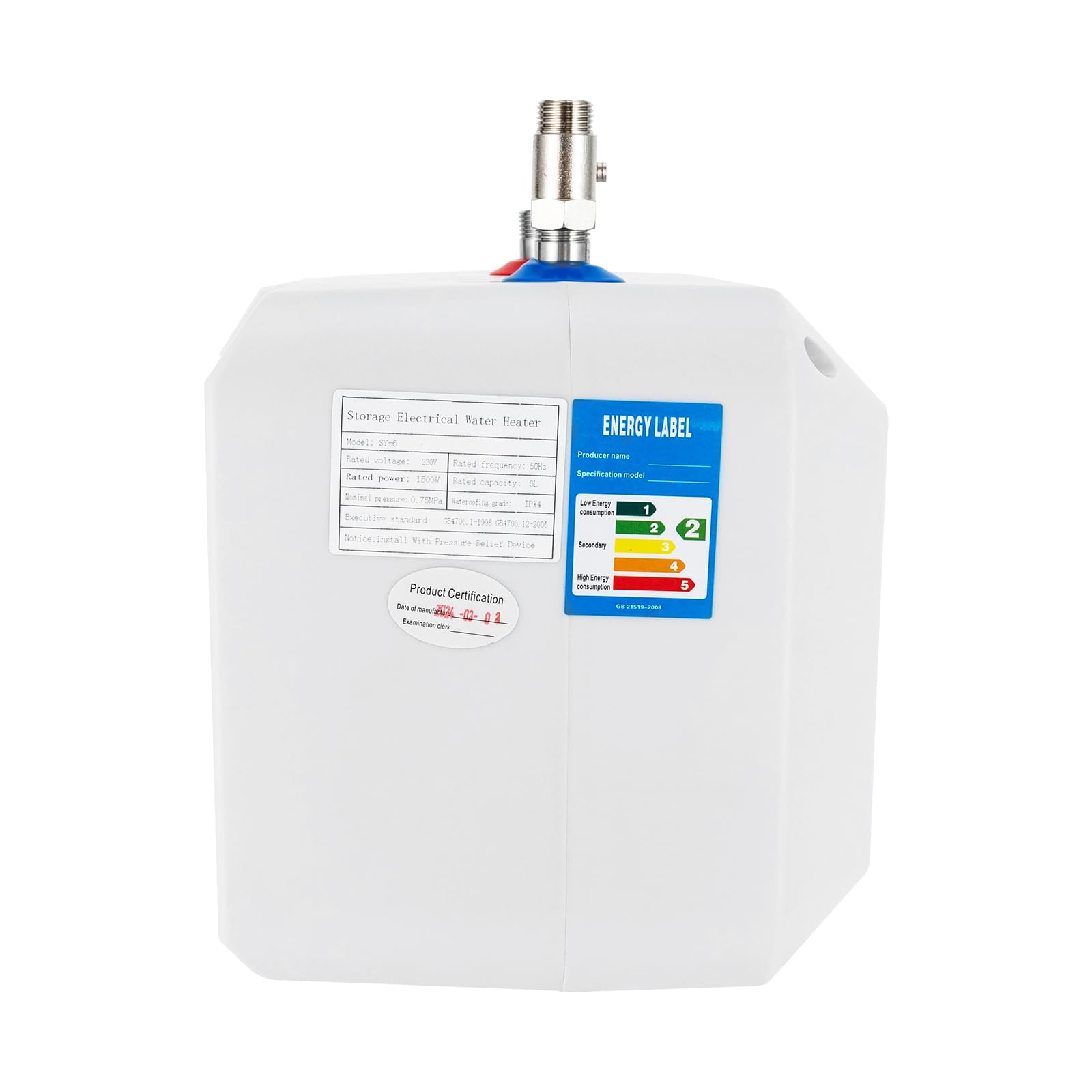Chauffe-eau 6 l - 1500 W - Résistant à la pression - Avec affichage numérique LED - Chauffage rapide pour lavabo, cuisine et salle de bain - Blanc