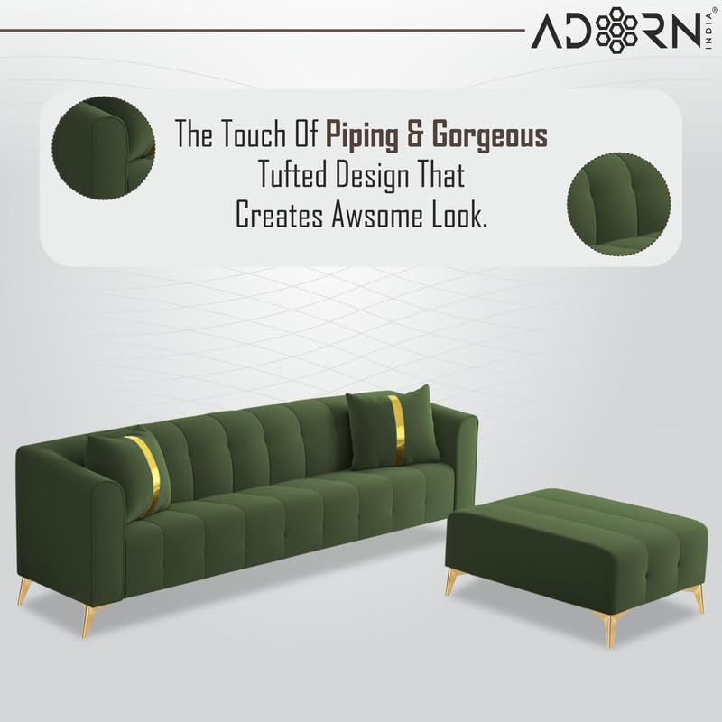 Image of Adorn India Premium Mystic - 3 Years Warranty - L Shape 5 Seater Sofa Set Velvet Suede Fabric - Green