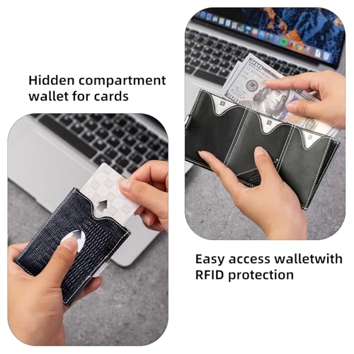 Image of LLH Leather Trifold Wallet - RFID Blocking with Stainless Steel Locking Clip Wallet, Minimalist Front Pocket RFID Blocking Credit Card Holder (Black-B)