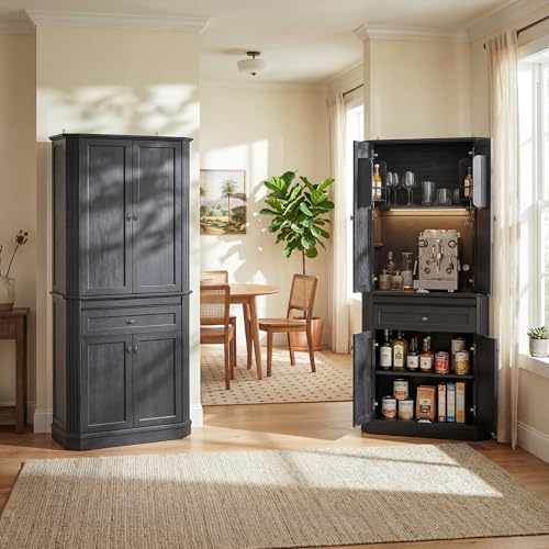 Image of 72.2 inch Tall Kitchen Pantry Cabinet with Doors, Farmhouse Storage Cabinet with Charging Station & LED Light, Drawer, Adjustable Shelves and Pull-Out Shelves, Black Wood Pantry Cupboard for Dining Room