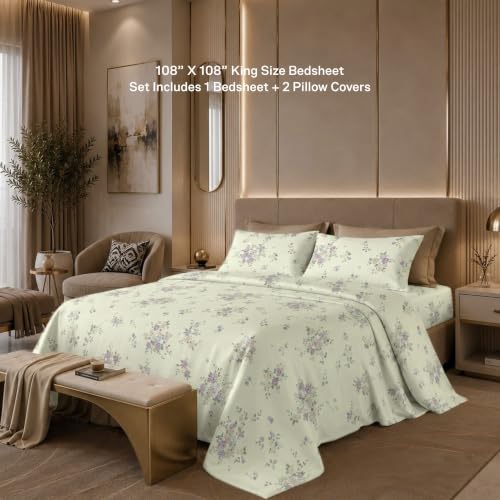 Image of Jaipur Weaves Cotton Percale King Size Bedsheet 108x108 Super King, 100% Pure Cotton Bed Sheet with 2 Pillow Covers, 300 TC Soft Breathable Floral Design Bedding (Floral Green, Super King)