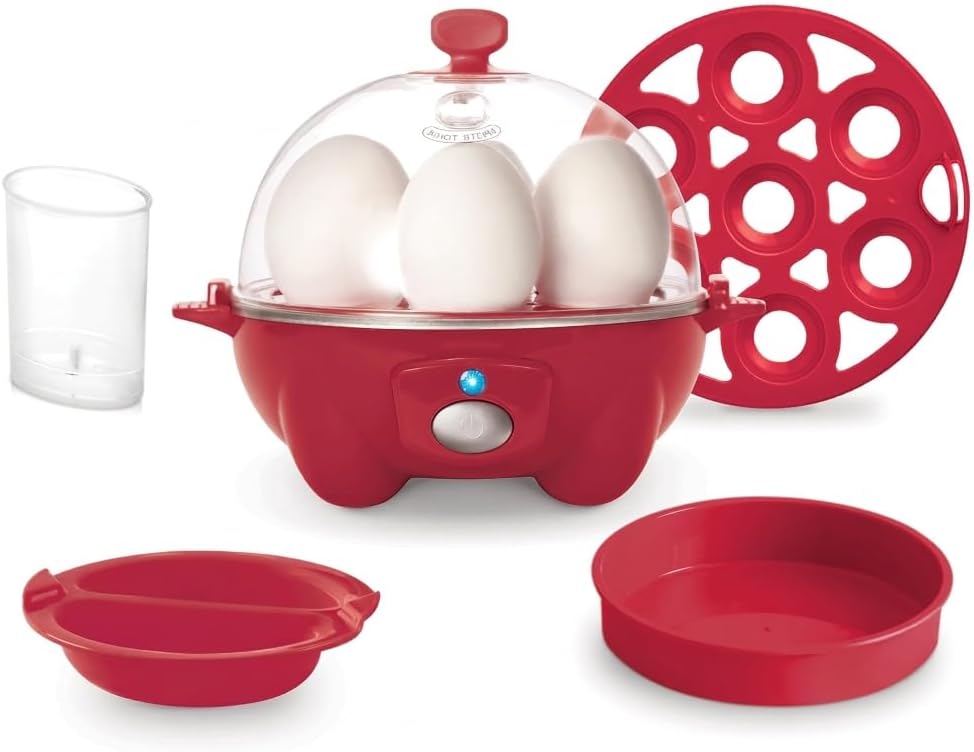3-in-1 Premium Rapid Egg Cooker, 7 Egg Capacity, With Removable Trays, For Hard Boiled Eggs, Poached Eggs And Omelets, Red, Non-electric Parts Are Dishwasher-safe