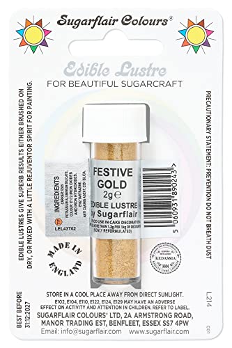 Sugarflair Festive Gold Edible Lustre Dust (E171 Free), Add a Lustrous Shine to Cakes or Decorations. Brush On or Add Rejuvenator to Create Eye-Catching Edible Paint- 2g