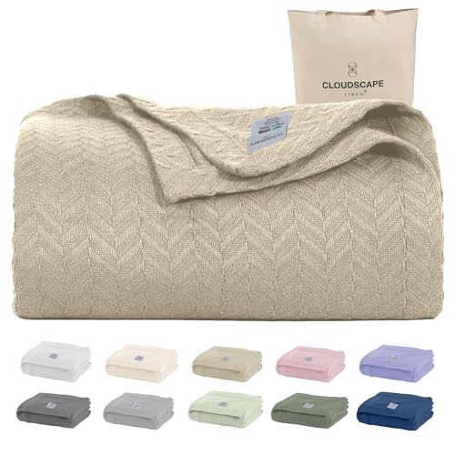CLOUDSCAPE 100% Cotton Queen Size Blanket, Soft Herringbone Weave, 92'x92', Fits Upto Full Size...