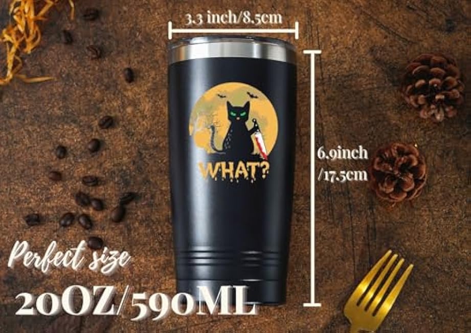 Onebttl Black Cat Gifts for Cat Lovers, Insulated Stainless Steel Tumblers with Lids and Straws, Funny gifts for Cat Mom, Dad on Birthday, Christmas, 20 oz, Black, What