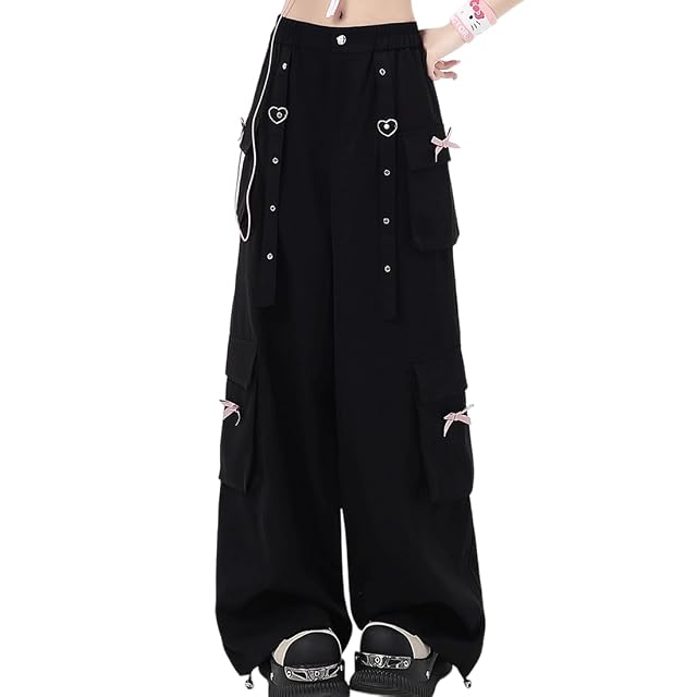 Y2K Grunge Kawaii Gothic Clothes Loose Straight Wide Leg Vintage Bows Rivet Ribbon Decor Casual Cargo Pants