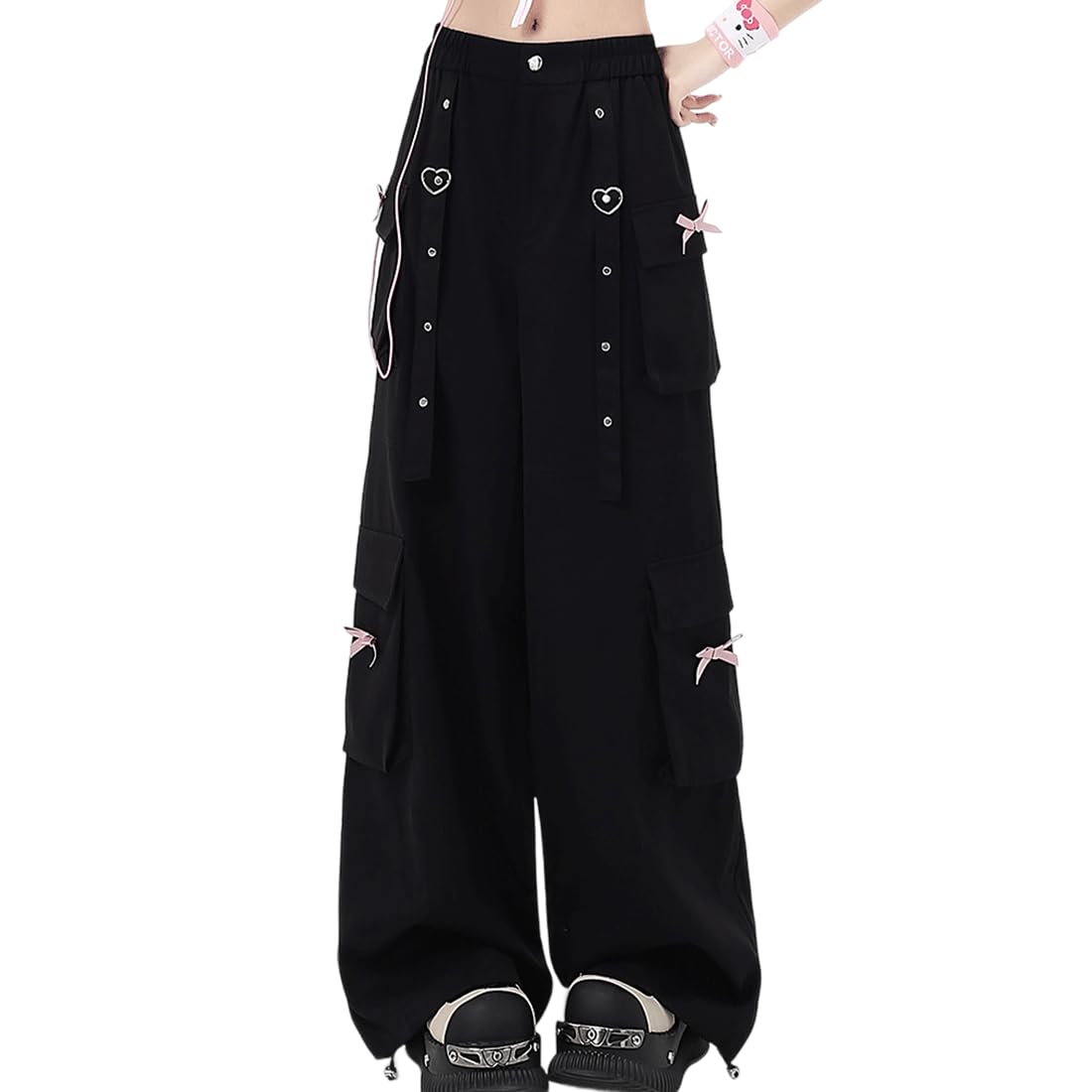 Y2K Grunge Kawaii Gothic Clothes Loose Straight Wide Leg Vintage Bows Rivet Ribbon Decor Casual Cargo Pants
