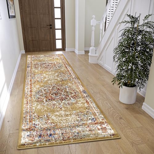 Hanse Home Maderno Orientalischer Teppich – Läufer Orientalisch klassisch dicht gewebt mit Ornamenten Vintage-Look Weicher Kurzflor für Schlafzimmer, Esszimmer, Wohnzimmer, Flur – Gold, 80x240cm